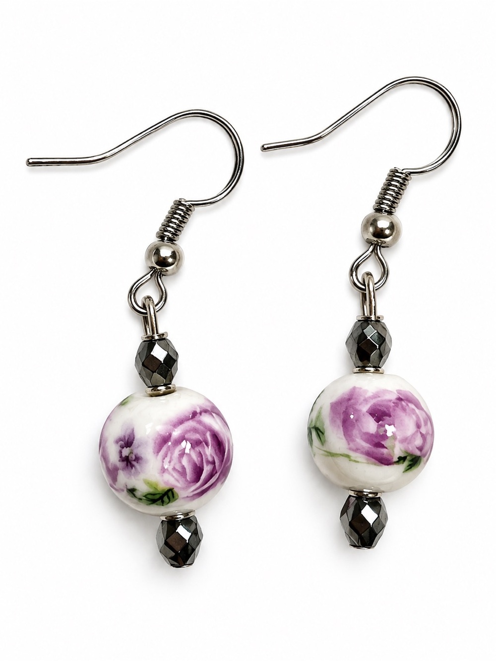 Painted Purple Floral Drop Earrings - Women's Jewelry